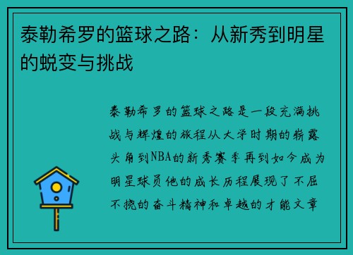 泰勒希罗的篮球之路：从新秀到明星的蜕变与挑战
